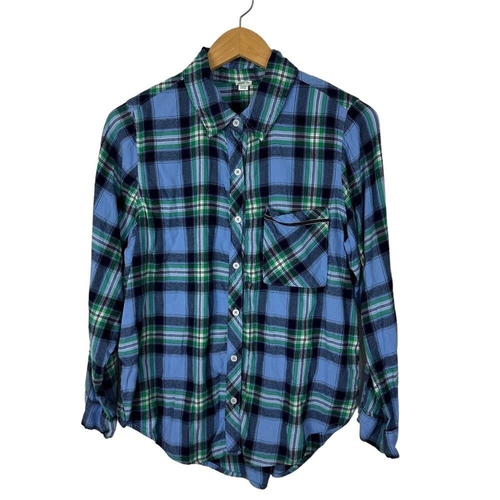 Aerie Plaid Lightweight Flannel Shirt Women's Small Button Front Blue Green Soft